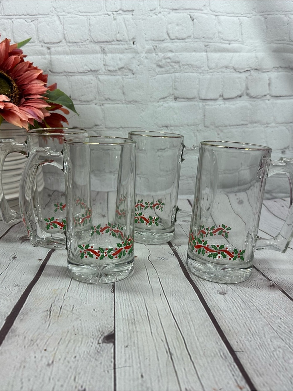 vtg LRS3 Libbey 4pc Holiday Glass Beer Mug green red holly ribbon retro festive